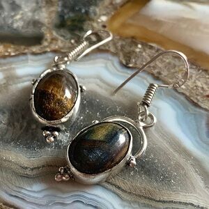 2377 Silver and Brown Tiger Eye Stone Drop Earrings